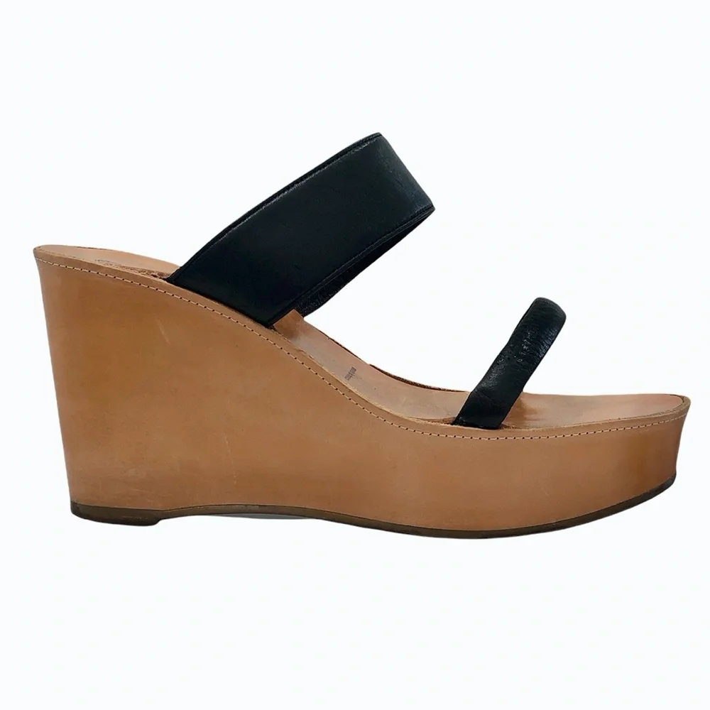 ROBERT CLERGERIE BLACK & TAN LEATHER PLATFORM WEDGES SIZE 8.5